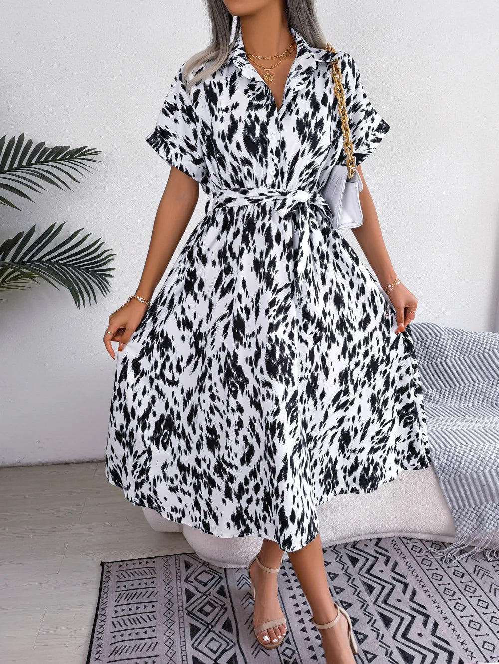 Leopard Print Lace-Up Shirt Dress