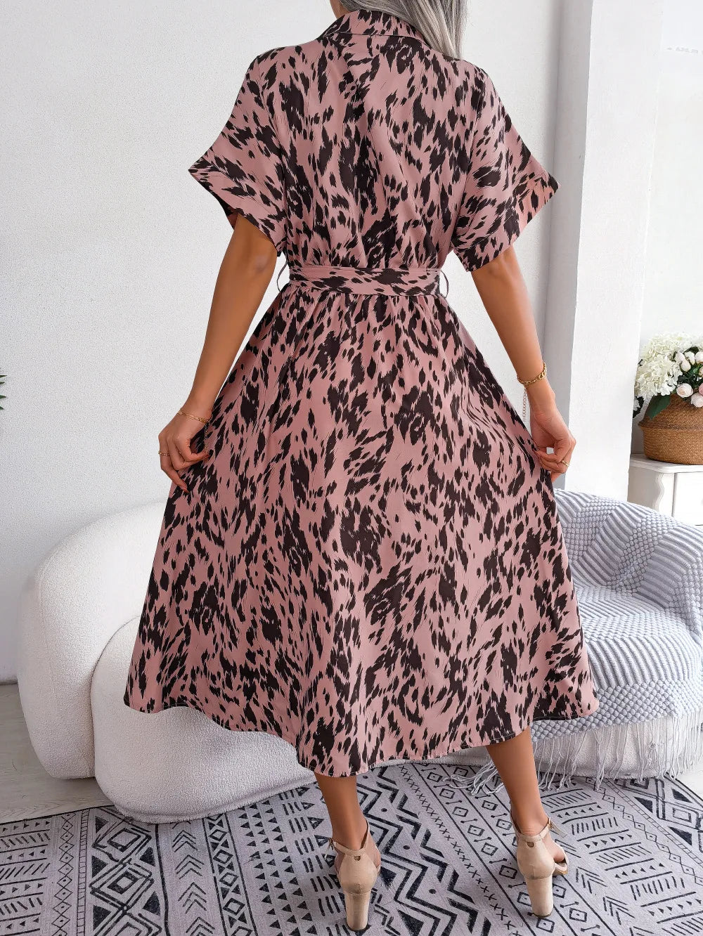 Leopard Print Lace-Up Shirt Dress