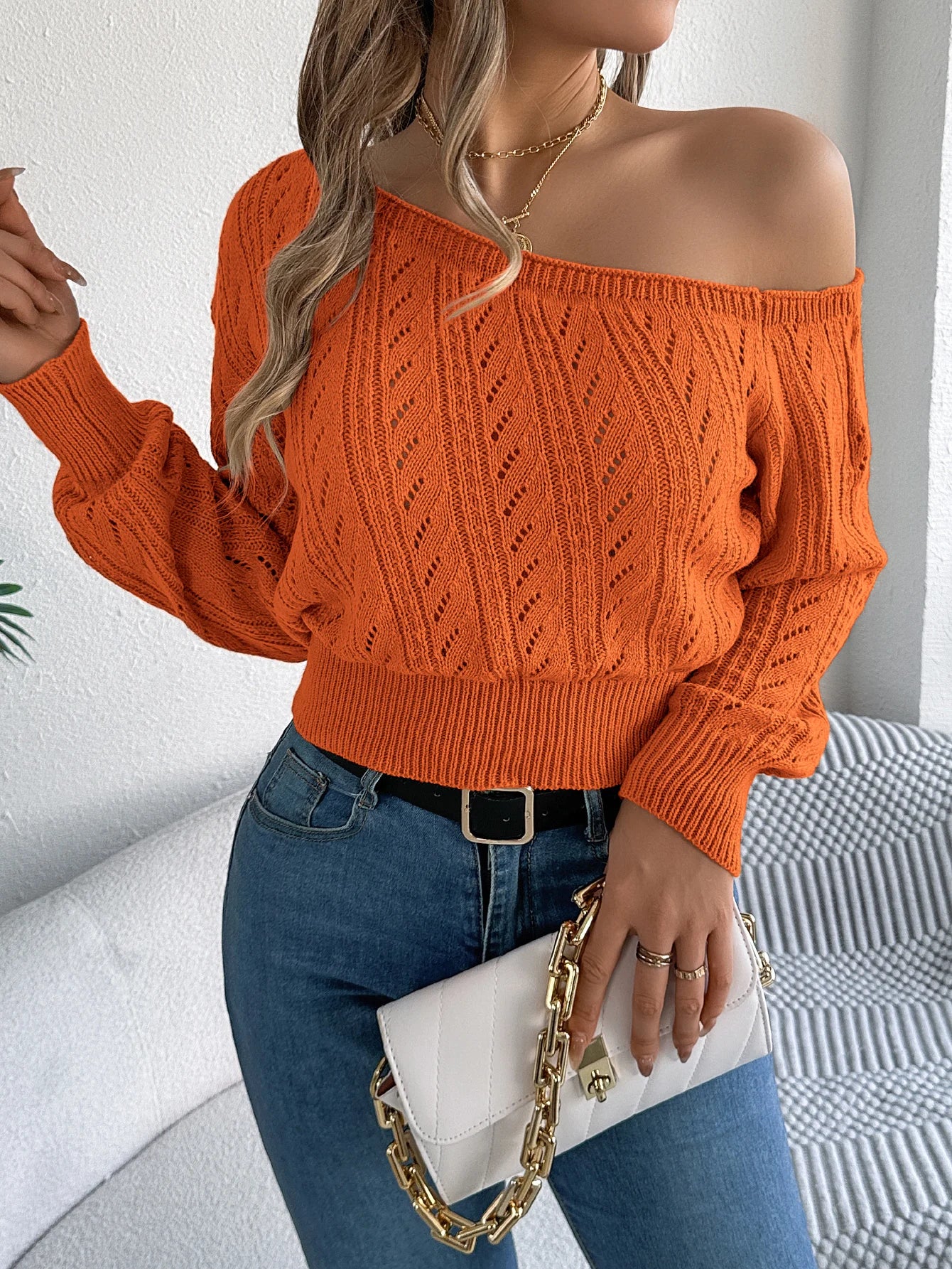 Off-Shoulder Knit Pullover Sweater