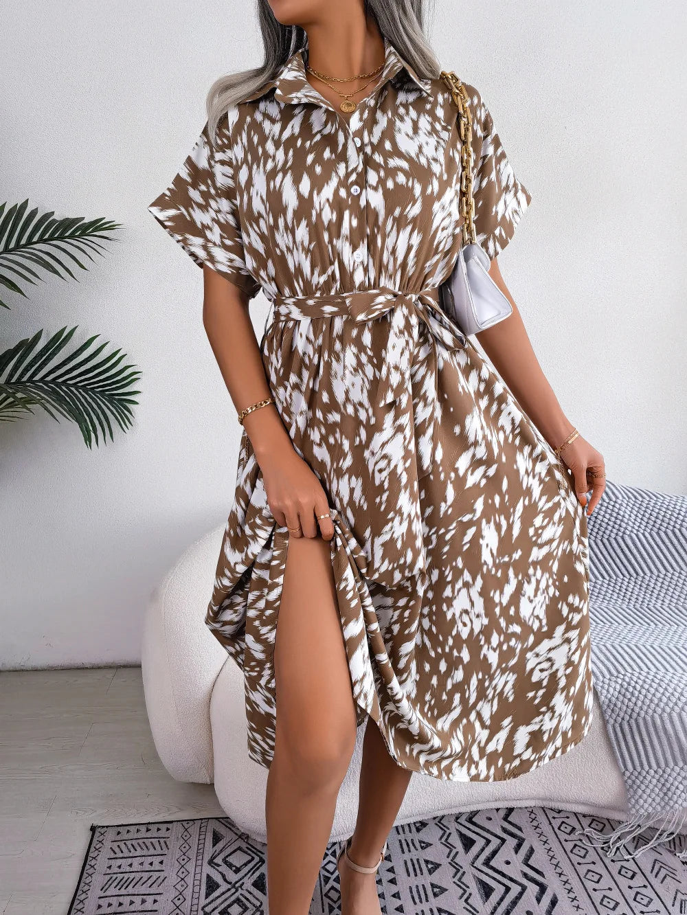 Leopard Print Lace-Up Shirt Dress