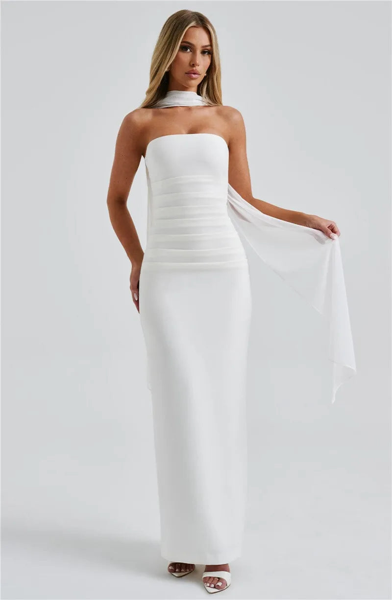 Scarf Collar Off-Shoulder Maxi Dress