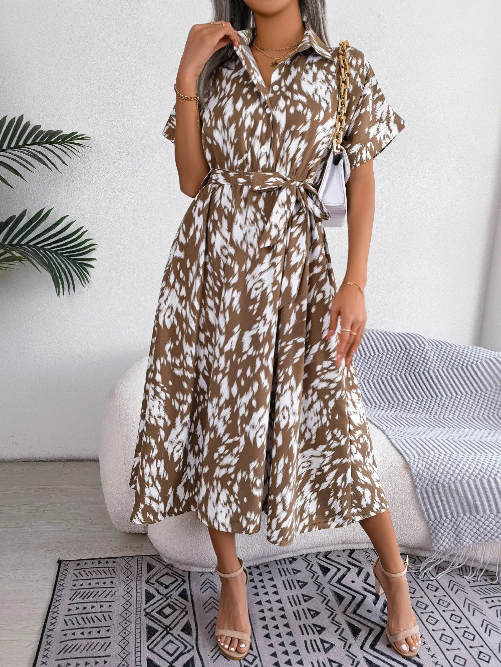Leopard Print Lace-Up Shirt Dress