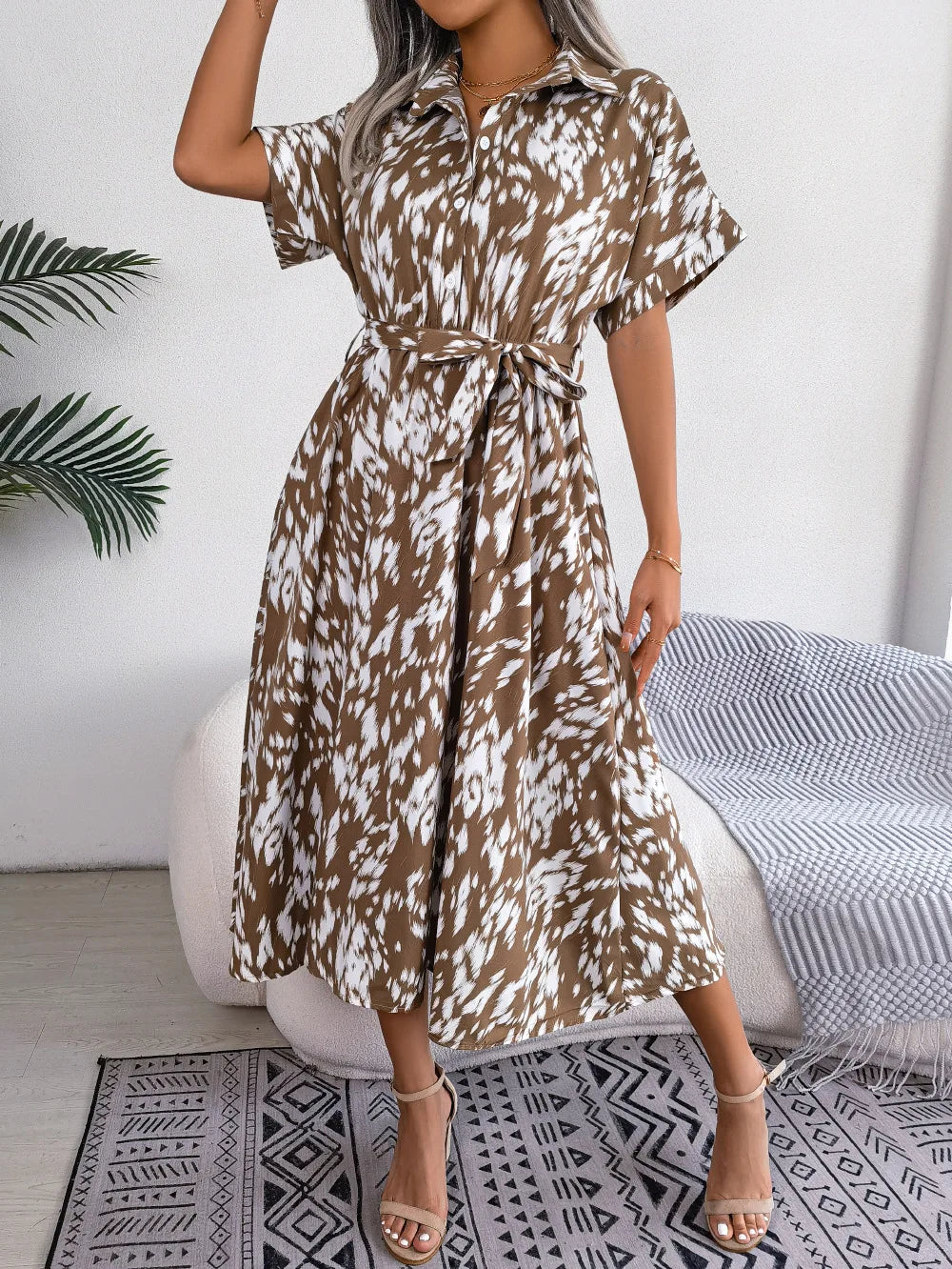 Leopard Print Lace-Up Shirt Dress