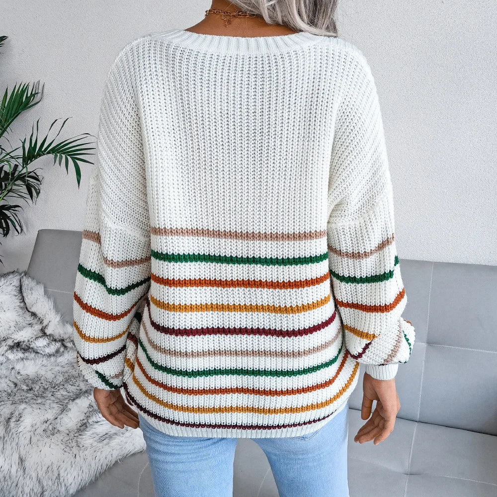 Rainbow Striped V-Neck Loose Sweater