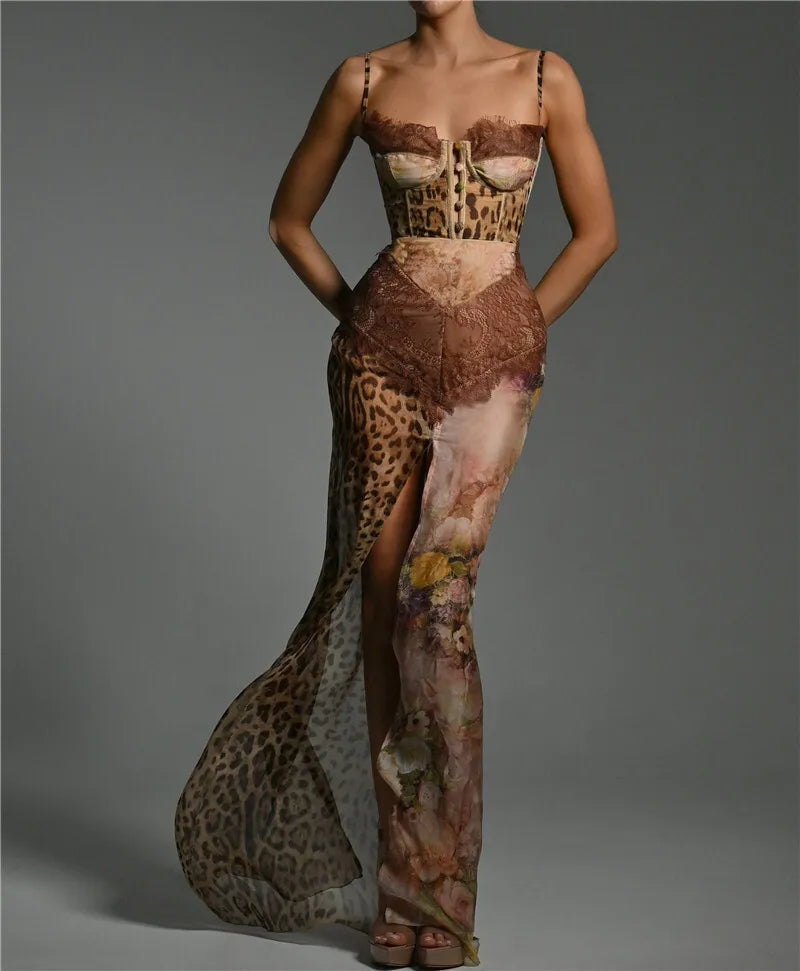Leopard Print Lace Maxi Dress