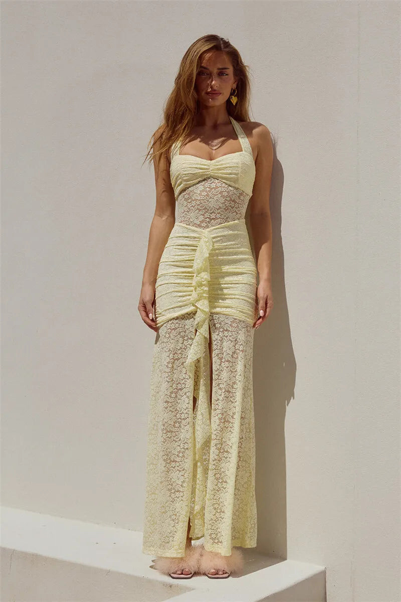 Luxe Lace Ruched Maxi Dress