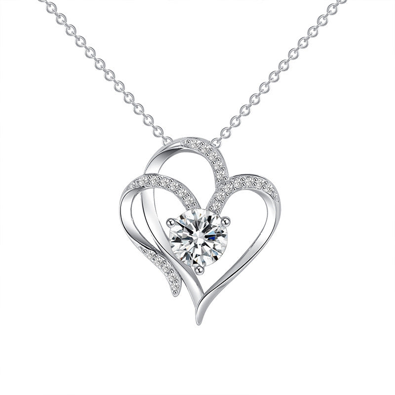 Heart-Shaped Zircon Necklace with Rhinestones – Double Love Pendant