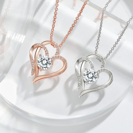Heart-Shaped Zircon Necklace with Rhinestones – Double Love Pendant