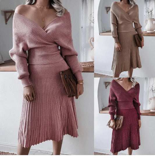 Cozy Off-The-Shoulder Knitted Set - Two-Piece Elegance