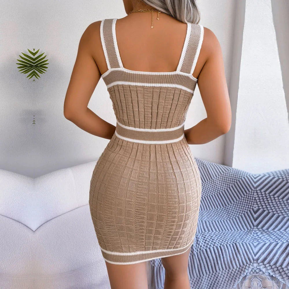 Square Neck Knitted Bodycon Dress – Women's Summer Casual, Waist-Defined, Short Sleeve Mini Dress