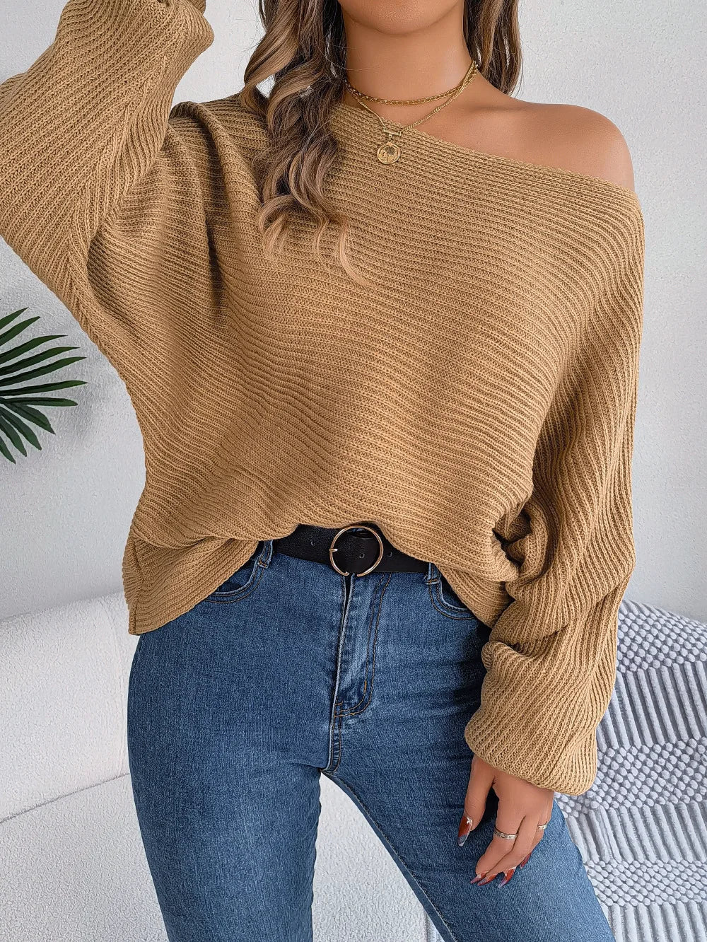 Off-the-Shoulder Loose Knitted Sweater