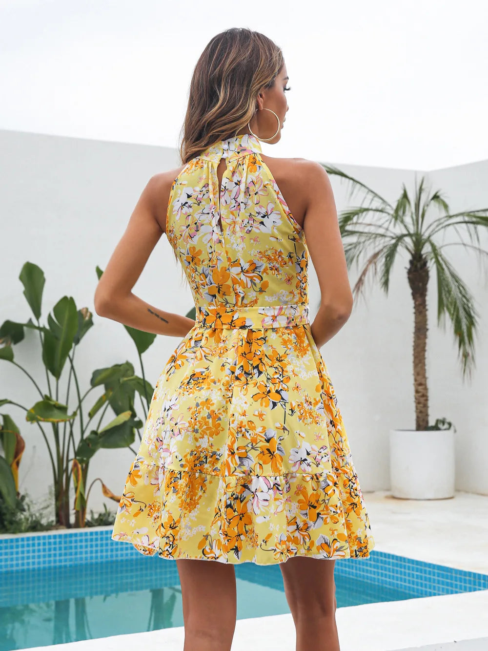 Floral Chiffon Summer Dress – Halter Neckline & Ruffle Details