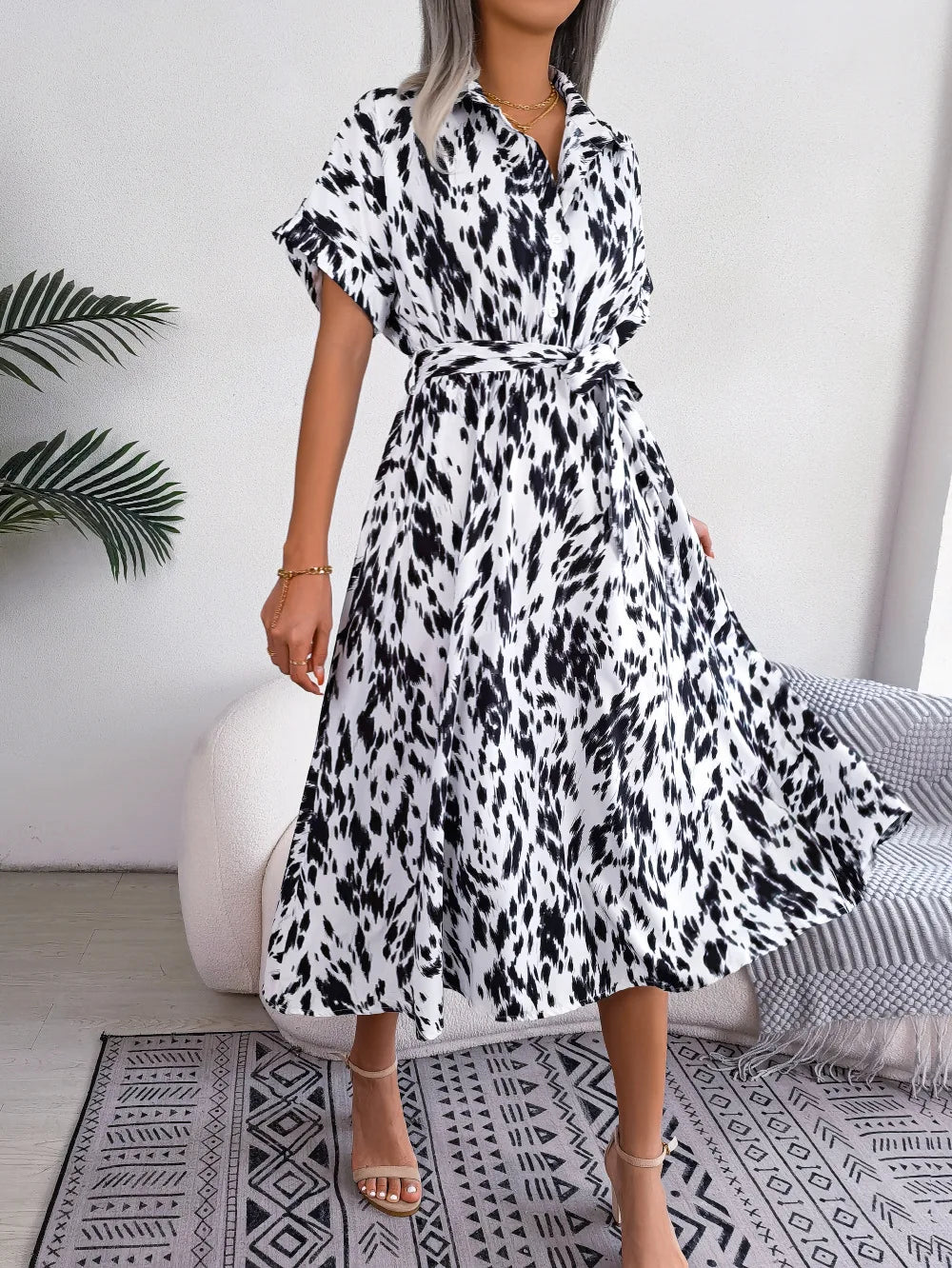 Leopard Print Lace-Up Shirt Dress
