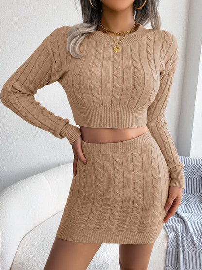 Knit Two-Piece Set – Twist-Knit Crop Sweater & High-Waist Skirt, Women's Slim Fit Winter Outfit