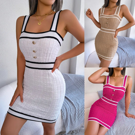 Square Neck Knitted Bodycon Dress – Women's Summer Casual, Waist-Defined, Short Sleeve Mini Dress