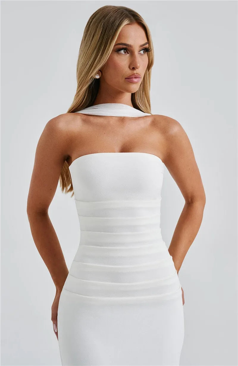Scarf Collar Off-Shoulder Maxi Dress