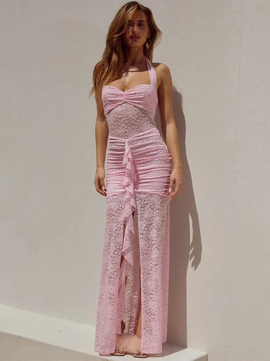 Luxe Lace Ruched Maxi Dress