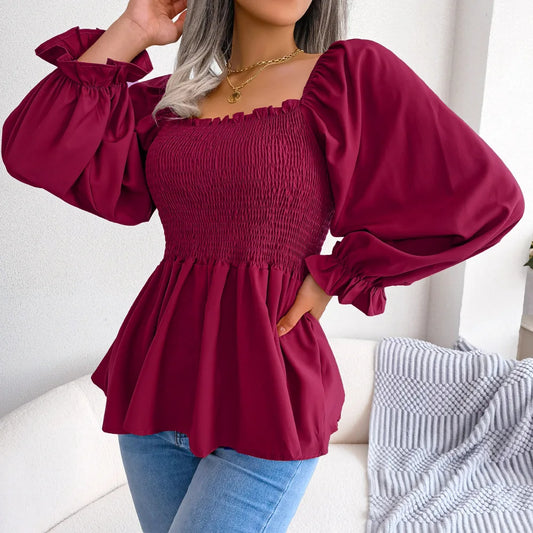 Square Neck Chiffon Blouse – Women's Long Sleeve Ruffle Top, Lightweight & Elegant Casual Wear