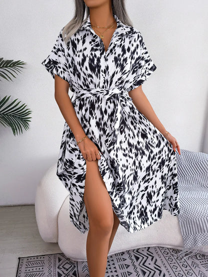 Leopard Print Lace-Up Shirt Dress