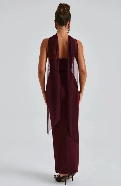 Scarf Collar Off-Shoulder Maxi Dress