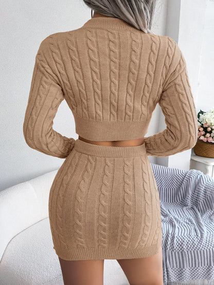 Knit Two-Piece Set – Twist-Knit Crop Sweater & High-Waist Skirt, Women's Slim Fit Winter Outfit
