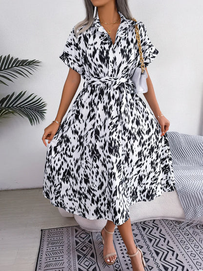 Leopard Print Lace-Up Shirt Dress