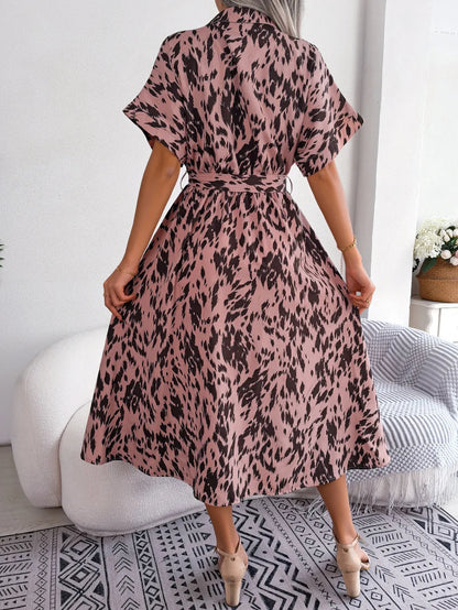 Leopard Print Lace-Up Shirt Dress