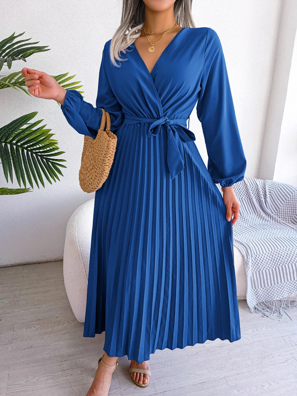 Elegant V-Neck Pleated Maxi Dress - Spring/Summer Collection