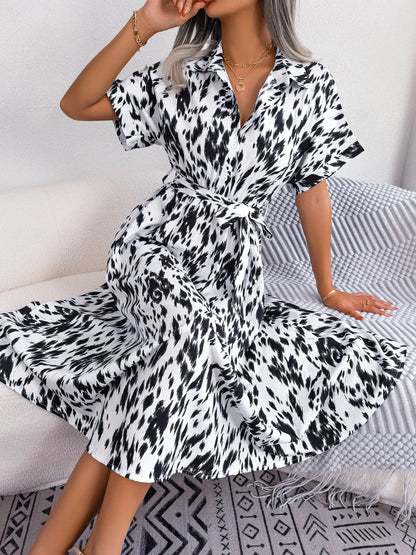 Leopard Print Lace-Up Shirt Dress