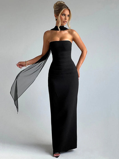 Scarf Collar Off-Shoulder Maxi Dress