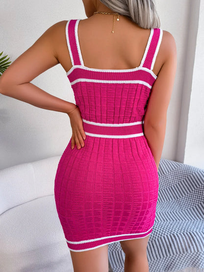 Square Neck Knitted Bodycon Dress – Women's Summer Casual, Waist-Defined, Short Sleeve Mini Dress