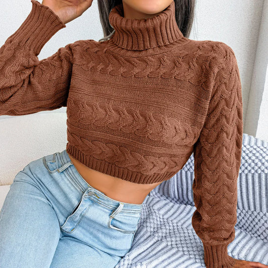 Twist-Knit Turtleneck Crop Sweater – Women’s Slim Fit, Long Sleeve, Cozy Winter Knitwear
