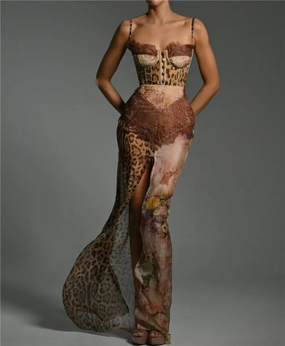 Leopard Print Lace Maxi Dress
