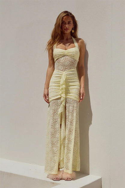 Luxe Lace Ruched Maxi Dress