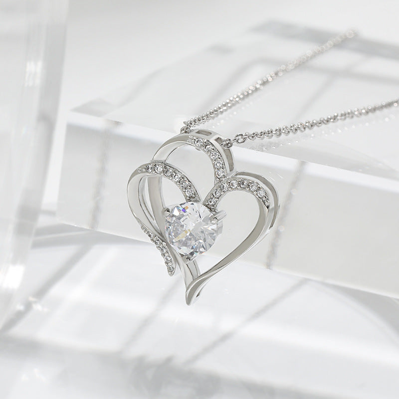 Heart-Shaped Zircon Necklace with Rhinestones – Double Love Pendant